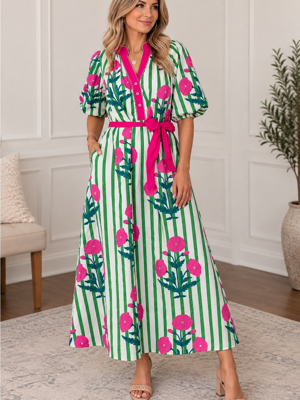 Umgee Green & Hot Pink Striped Floral Maxi Dress